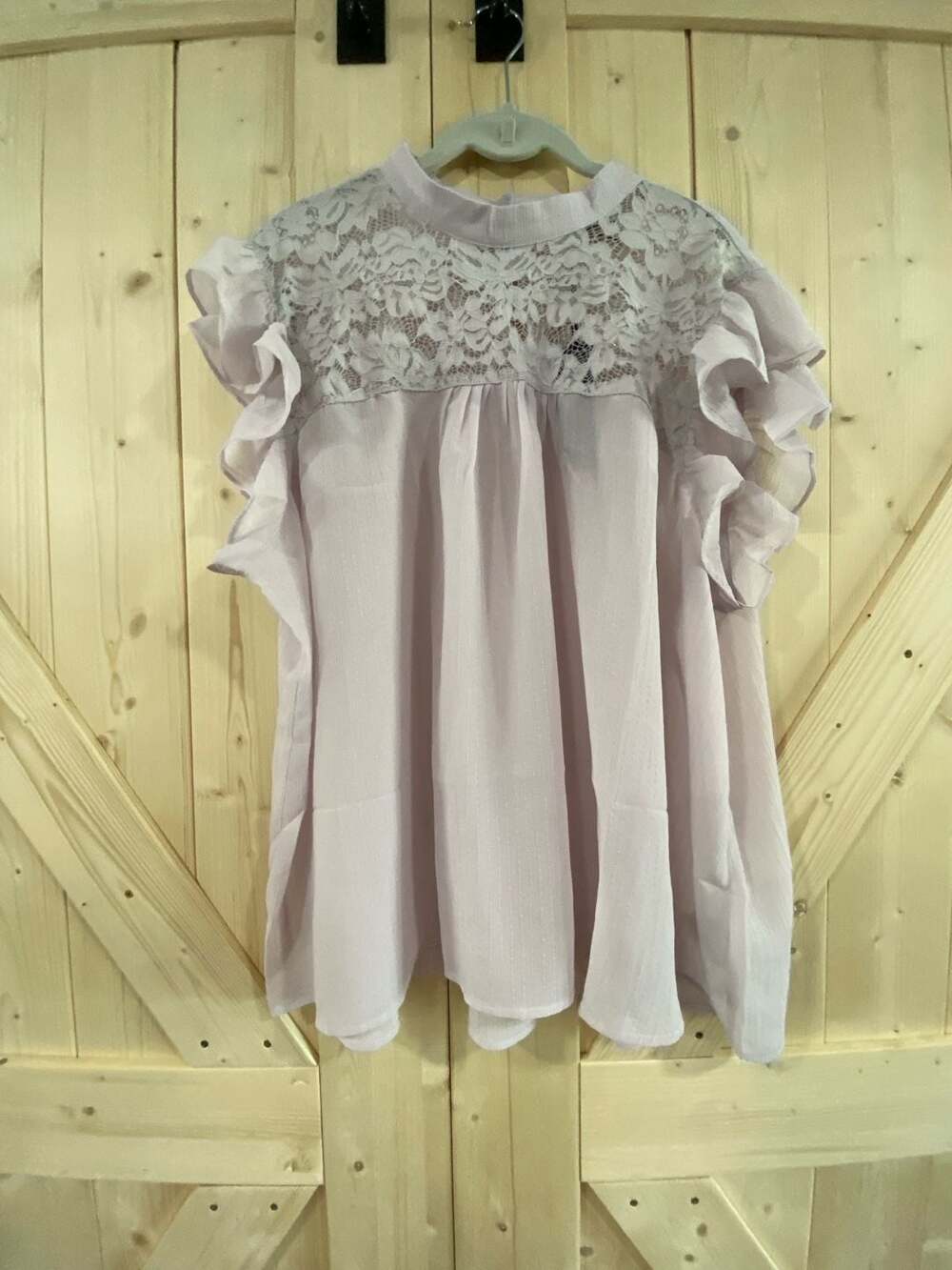 Sky Plus Pink Lace Trim Ruffled Cap Sleeve Mock Neck Blouse